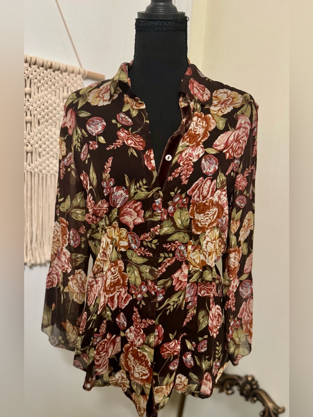 CAbi Silk Floral Button-Down Blouse in Brown, Pink and Cream